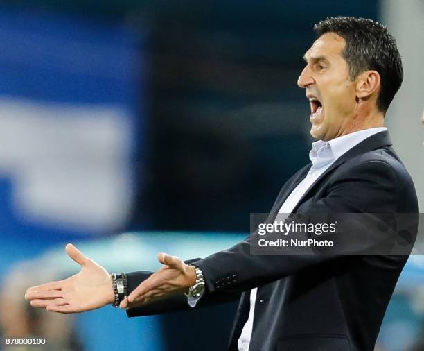 Vardar head coach Cedomir Janevski reacts during the UEFA Europa League Group L match between FC Zenit St. Petersburg and FK Vardar at Saint...