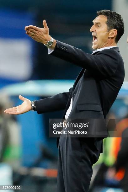 Vardar head coach Cedomir Janevski reacts during the UEFA Europa League Group L match between FC Zenit St. Petersburg and FK Vardar at Saint...