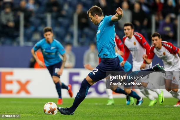 Artem Dzyuba of FC Zenit Saint Petersburg shoots to miss a penalty shot during the UEFA Europa League Group L match between FC Zenit St. Petersburg...