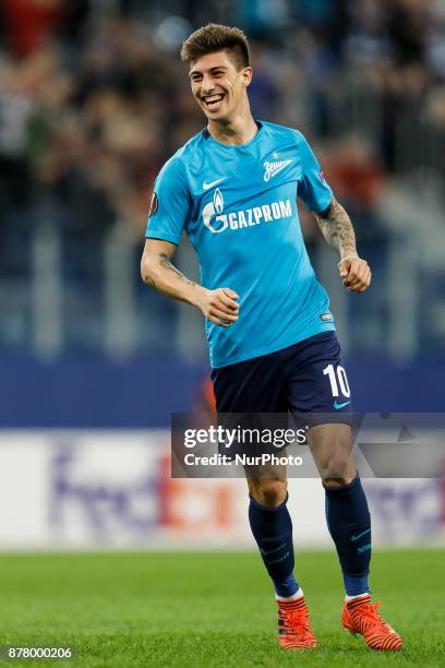 Emiliano Rigoni of FC Zenit Saint Petersburg celebrates his goal during the UEFA Europa League Group L match between FC Zenit St. Petersburg and FK...