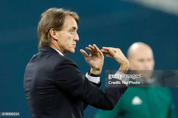 Zenit Saint Petersburg head coach Roberto Mancini gestures during the UEFA Europa League Group L match between FC Zenit St. Petersburg and FK Vardar...