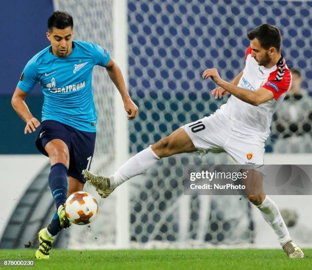 Christian Noboa of FC Zenit Saint Petersburg and Boban Nikolov of FK Vardar vie for the ball during the UEFA Europa League Group L match between FC...