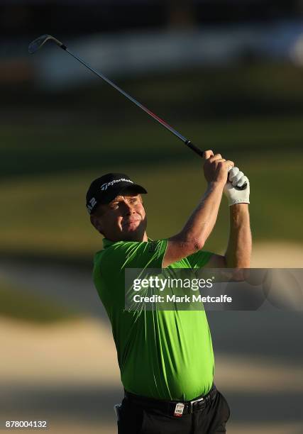 Stephen Allan of Australia hits an approach shot on the 10th hole during day two of the 2017 Australian Golf Open at the Australian Golf Club on...