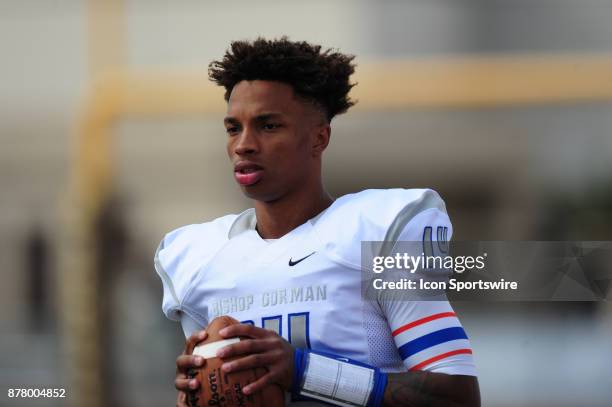 Bishop Gorman quarterback Dorian Thompson-Robinson looks on in the second half of a prep football game between the Bonanza Bengals and the Bishop...