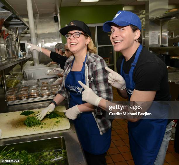 Kirsten Vangsness and Hal Sparks volunteer for Thanksgiving Day at Project Angel Food on November 23, 2017 in Los Angeles, California.