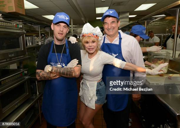Aaron Carter, Charo and Richard Ayoub volunteer for Thanksgiving Day at Project Angel Food on November 23, 2017 in Los Angeles, California.