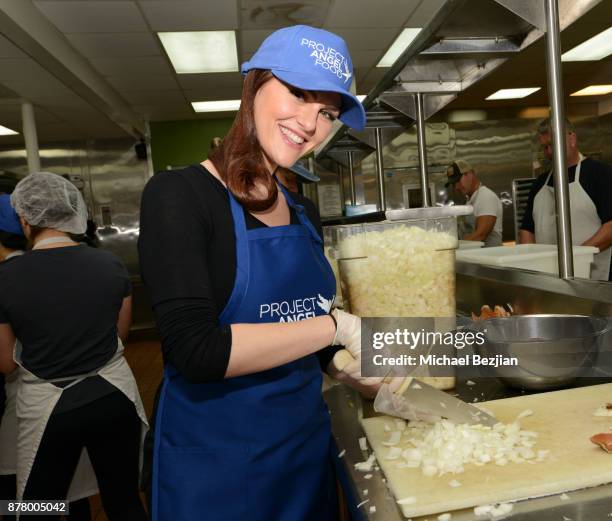 Sara Rue volunteers for Thanksgiving Day at Project Angel Food on November 23, 2017 in Los Angeles, California.