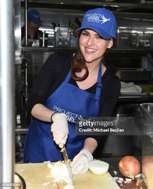 Sara Rue volunteers for Thanksgiving Day at Project Angel Food on November 23, 2017 in Los Angeles, California.