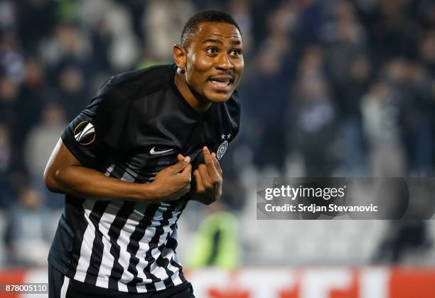Leandre Tawamba of Partizan reacts during the UEFA Europa League group B match between Partizan and BSC Young Boys at Stadium Partizan on November...