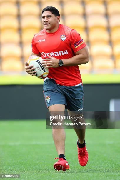 Jason Taumalolo warms up during the Tonga Rugby League World Cup Semi Final Captain's Run at Mt Smart Stadium on November 24, 2017 in Auckland, New...