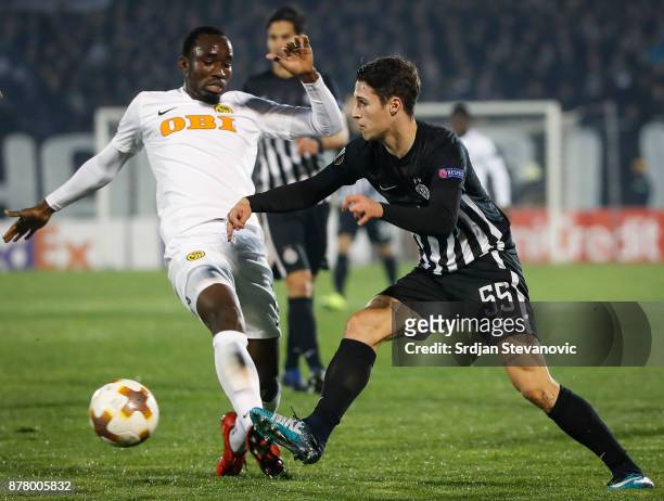 Danilo Pantic of Partizan in action against Nicolas Moumi Ngamaleu of Young Boys during the UEFA Europa League group B match between Partizan and BSC...