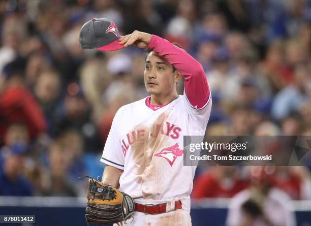 Darwin Barney of the Toronto Blue Jays during MLB game action against the Seattle Mariners at Rogers Centre on May 13, 2017 in Toronto, Canada.