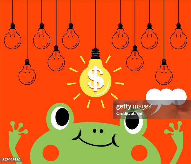 ilustrações de stock, clip art, desenhos animados e ícones de finance ideas concept, bizarre frog prince catching the idea light bulb with dollar sign - príncipe encantado