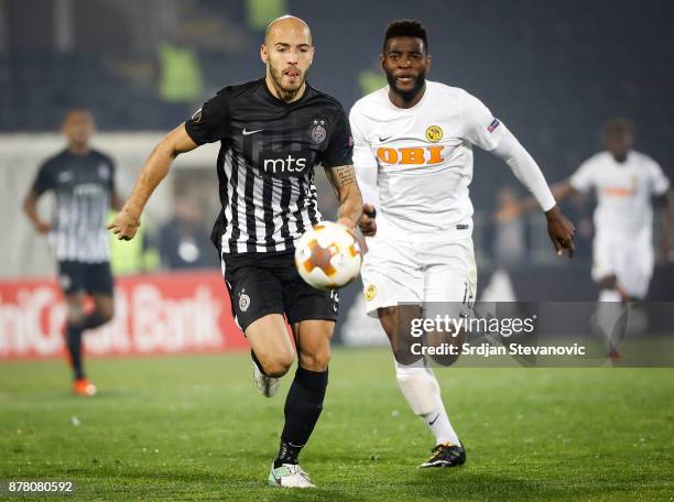 Nemanja Miletic of Partizan competes for the ball against Jean-Pierre Nsame of Young Boys during the UEFA Europa League group B match between...