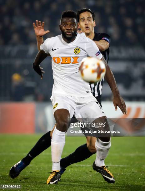 Jean-Pierre Nsame of Young Boys competes for the ball against Marko Jevtovic of Partizan during the UEFA Europa League group B match between Partizan...