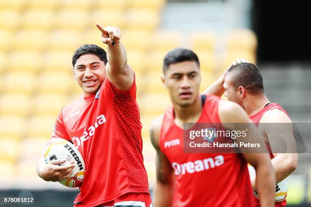 Jason Taumalolo warms up during the Tonga Rugby League World Cup Semi Final Captain's Run at Mt Smart Stadium on November 24, 2017 in Auckland, New...