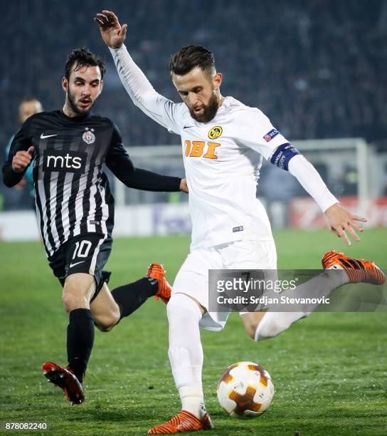 Miralem Sulejmani of Young Boys in action against Marko Jankovic during the UEFA Europa League group B match between Partizan and BSC Young Boys at...