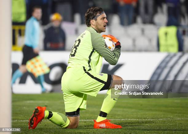 Goalkeeper Vladimir Stojkovic of Partizan in action during the UEFA Europa League group B match between Partizan and BSC Young Boys at Stadium...