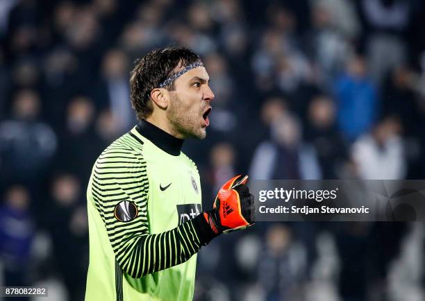 Goalkeeper Vladimir Stojkovic of Partizan reacts during the UEFA Europa League group B match between Partizan and BSC Young Boys at Stadium Partizan...