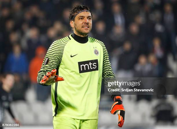 Goalkeeper Vladimir Stojkovicof Partizan reacts during the UEFA Europa League group B match between Partizan and BSC Young Boys at Stadium Partizan...