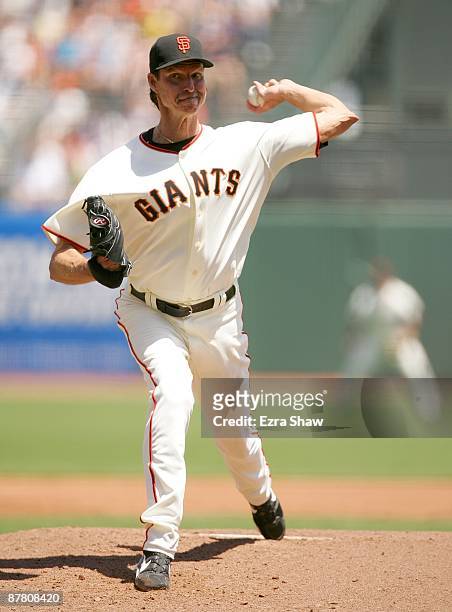 Randy Johnson of the San Francisco Giants pitches against the New York Mets at AT&T Park on May 16, 2009 in San Francisco, California.