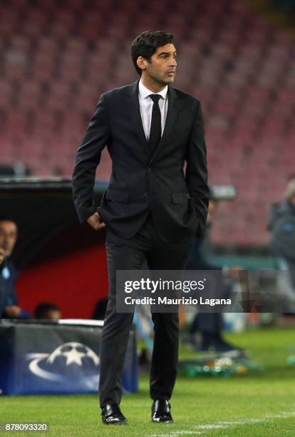 Head coach of Shakhtar Donetsk Paulo Fonseca looks on during the UEFA Champions League group F match between SSC Napoli and Shakhtar Donetsk at...