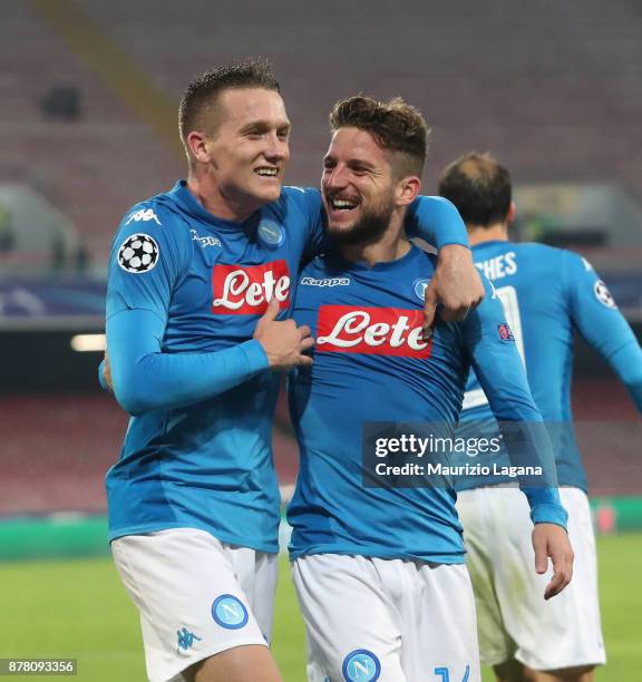 Piotr Zielinsky and Dries Mertens of Napoli celebrates during the UEFA Champions League group F match between SSC Napoli and Shakhtar Donetsk at...