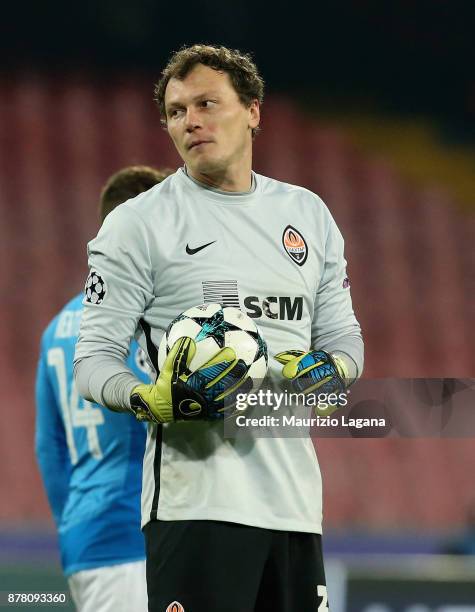 Andriy Pyatov of Napoli competes for the ball with of Shakhtar Donetsk during the UEFA Champions League group F match between SSC Napoli and Shakhtar...