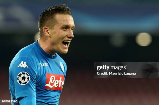 Piotr Zielinsky of Napoli celebrates after scoring his team's second goal during the UEFA Champions League group F match between SSC Napoli and...