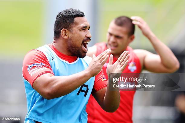 Siliva Havili reacts during the Tonga Rugby League World Cup Semi Final Captain's Run at Mt Smart Stadium on November 24, 2017 in Auckland, New...