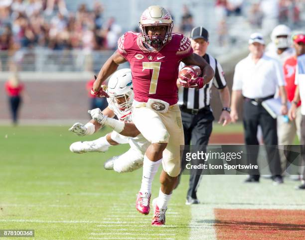 Florida State Seminoles running back Ryan Green runs the ball down the sideline during the game between the Delaware State Hornets and the Florida...