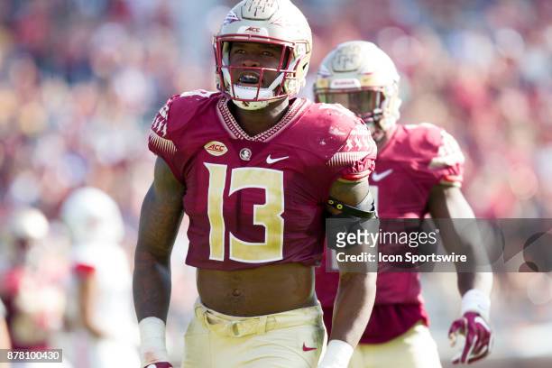 Florida State Seminoles defensive end Joshua Kaindoh reacts after making a sack during the game between the Delaware State Hornets and the Florida...