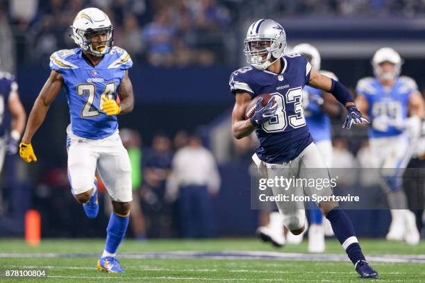 Dallas Cowboys wide receiver Terrance Williams is chased by Los Angeles Chargers cornerback Trevor Williams during the football game between the Los...