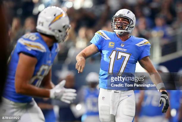 Philip Rivers of the Los Angeles Chargers reacts against the Dallas Cowboys at AT&T Stadium on November 23, 2017 in Arlington, Texas.