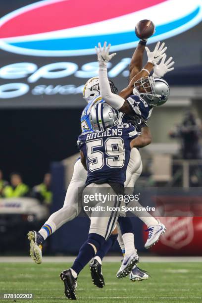 Los Angeles Chargers wide receiver Tyrell Williams , Dallas Cowboys cornerback Anthony Brown and Dallas Cowboys linebacker Anthony Hitchens battle...