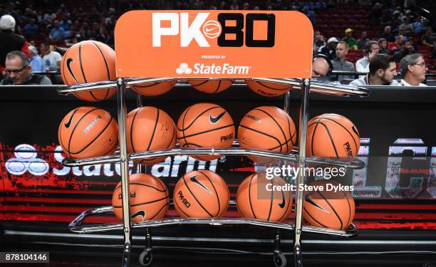 General view of a rack of basketballs before the between the Portland State Vikings and the Duke Blue Devils during the PK80-Phil Knight Invitational...