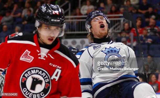 Vladislav Kotkov of the Chicoutimi Sagueneens celebrates his goal against the Quebec Remparts during the third period their QMJHL hockey game at the...