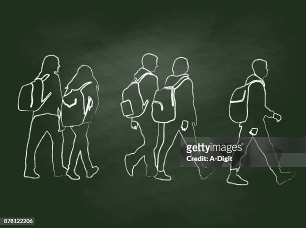 chalkboard student walk - first day of school concept stock illustrations