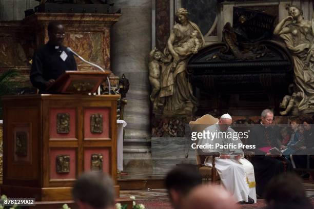 Pope Francis leads a prayer service for peace in South Sudan and the Democratic Republic of Congo in St. Peter's Basilica in Vatican City, Vatican on...