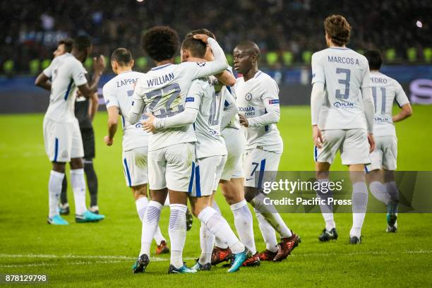 Cesc Fabregas of Chelsea celebrates after scoring his sides third goal during the UEFA Champions League group C match between Qarabag FK and Chelsea...