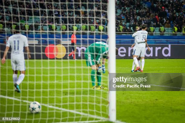 Chelsea's Willian, celebrates scoring his sides fourth goal of the game during their Champions League, group C, soccer match between Qarabag FK and...