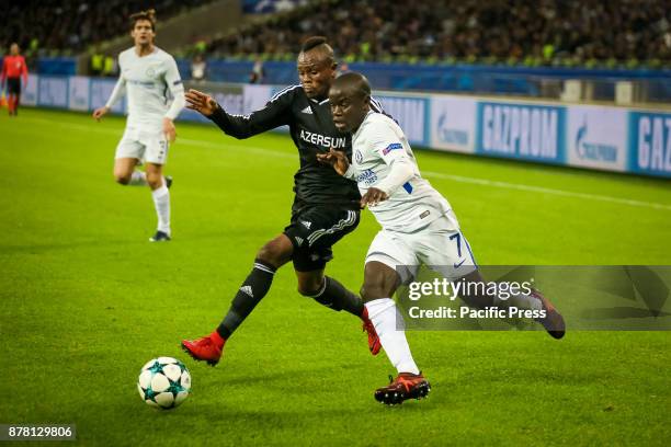 Chelsea's N'Golo Kante , group C, right vies for the ball with Qarabag's Donald Guerrier during their Champions League, soccer match between Qarabag...