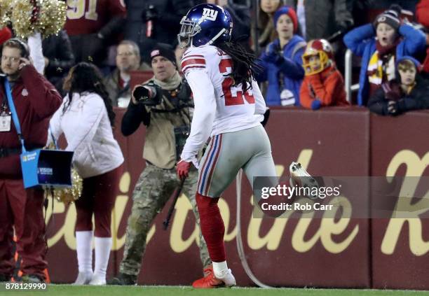 Cornerback Janoris Jenkins of the New York Giants returns an interception for a third quarter touchdown against the Washington Redskins at FedExField...