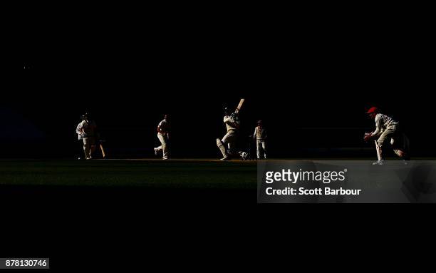 Peter Handscomb of Victoria bats as wicketkeeper Alex Carey of South Australia looks on during day two of the Sheffield Shield match between Victoria...