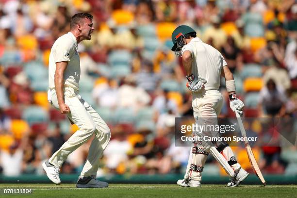 Jake Ball of England celebrates dismissing David Warner of Australia during day two of the First Test Match of the 2017/18 Ashes Series between...