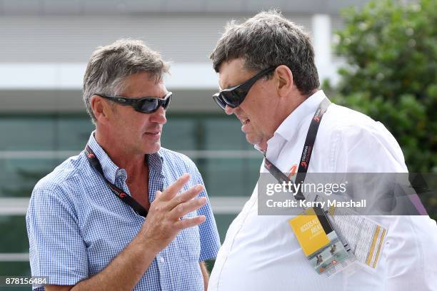 Andrew Nicholson, NZ Eventing Rider, talks to Kevin Hansen during 2017 Equitana Auckland on November 24, 2017 in Auckland, New Zealand.