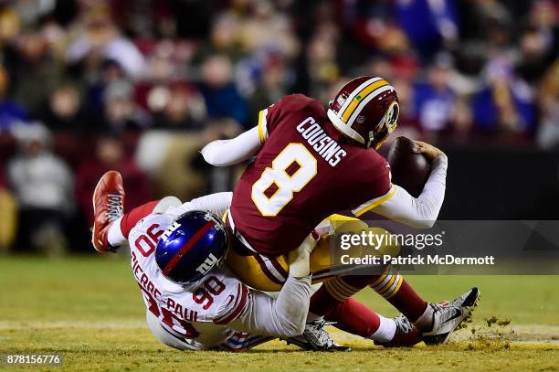 Defensive end Jason Pierre-Paul of the New York Giants sacks quarterback Kirk Cousins of the Washington Redskins in the fourth quarter at FedExField...