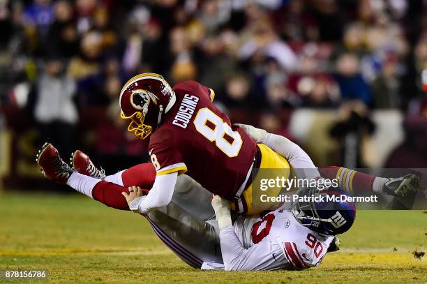 Defensive end Jason Pierre-Paul of the New York Giants sacks quarterback Kirk Cousins of the Washington Redskins in the fourth quarter at FedExField...