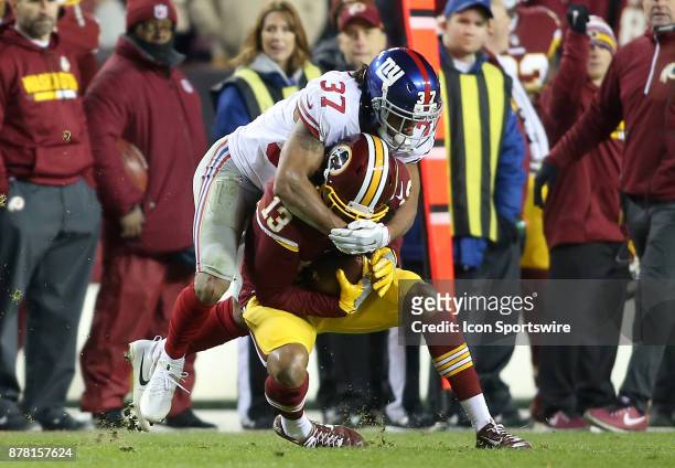 New York Giants defensive back Ross Cockrell covers Washington Redskins wide receiver Maurice Harris during a NFL game between the Washington...