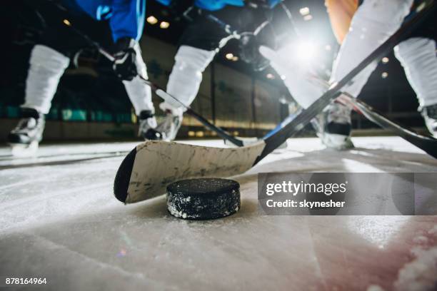 close up of ice hockey puck and stick during a match. - hockey rink stock pictures, royalty-free photos & images